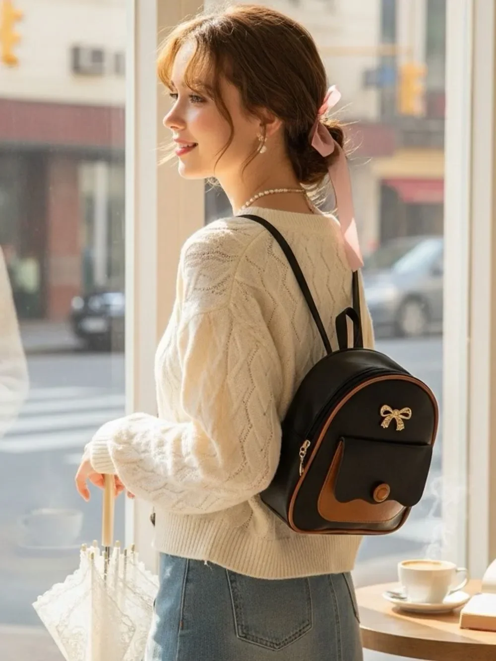 Black Brown Trim Mini Backpack OS NWT Crossbody Bag